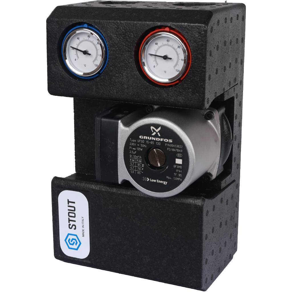 Купить SDG-0001-002002 STOUT SDG-0001 Насосная группа с прямым контуром 3/4" с насосом Grundfos UPSO 15-65 130 в теплоизоляции STOUT по лучшей цене с доставкой - интернет-магазин Прогрессивные решения